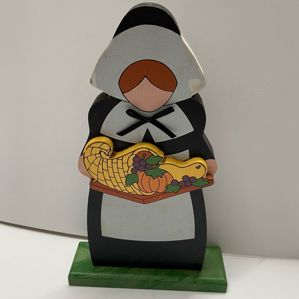 Vintage Wooden Pilgrim Woman Holiday Thanksgiving Fall Decor Bright Touches